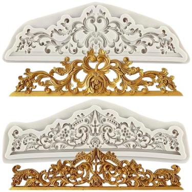 Imagem de Sijiangmold Moldes de fondant barrocos Curlicues Scroll Lace Border Molde de silicone para decoração de bolos, topo de cupcake, pasta de goma de argila de polímero, conjunto de 2
