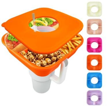 Imagem de Good Haus Tigela de lanche para copo Stanley Cup de 1,134 g, bandeja de lanche reutilizável com tampa, anel de lanches, suporte de silicone para acessórios de copo Stanley (laranja)