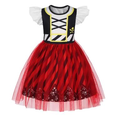 Imagem de HenzWorld Vestido de princesa para meninas, manga esvoaçante curta, tule, fantasia infantil, temática de Halloween, cosplay, festa, Vermelho, 4-5 Anos