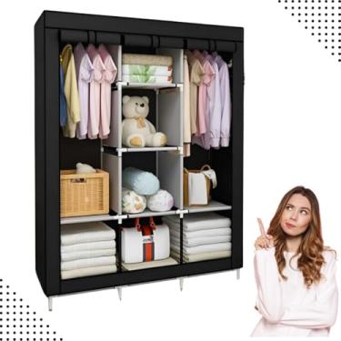 Imagem de Guarda-Roupa Dobrável 3 Portas Portátil Multiuso Armário Organizador com Cabideiro Sapateira Impermeável Resistente (Preto)