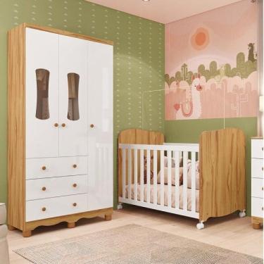 Imagem de Quarto de Bebê com Guarda Roupas 3 Portas 3 Gavetas e Berço Espresso Móveis Branco Brilho/Amêndoa