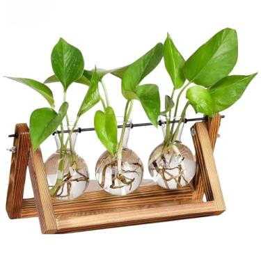 Imagem de Vaso de Vidro Decorativo de mesa, Com Suporte de Madeira e Metal, c/ 3 Vasos de Vidro Redondo, Decoração para Escritório, Cozinha, Sala, Decorativo Minimalista