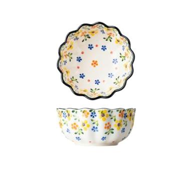 Imagem de Conjunto de tigela e prato de cerâmica prato criativo, prato de vegetais doméstico, tigela de arroz, tigela de sopa de macarrão de orelha dupla - tigela de salada pequena de flor amarela de 15 cm