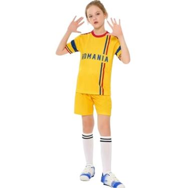Imagem de Bolognifi Camisa de futebol infantil, camiseta da Copa Europeia/Américas, meninos e meninas, conjunto de shorts esportivos de futebol com meia manga(Romania,13-14A)