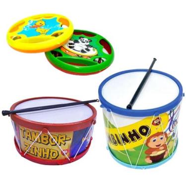Imagem de Kit Musical Brinquedos Educativo C/3 Instrumentos Tamborzinho Pandeiro
