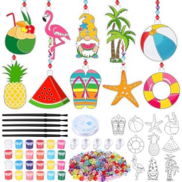 Imagem de Yaomiao 30 conjuntos de kits de arte de janela de verão faça você mesmo flamingo, coco, melancia, anel de natação, apanhador de sol, artesanato, pintura a granel, enfeites de janela para festa de