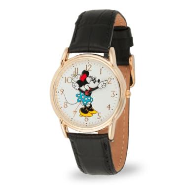 Imagem de Relógio feminino Minnie Mouse – Relógios femininos elegantes da Minnie Mouse, relógio perfeito, relógio elegante, pulseira de couro preto, caixa dourada, mostrador branco, Preto
