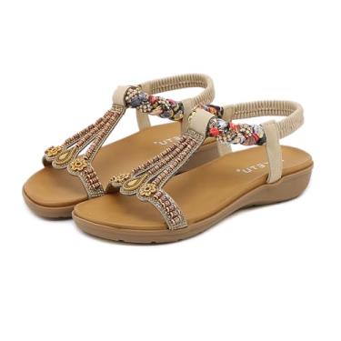 Imagem de YOUNIFIZ Sandália feminina rasteira gladiadora de verão boêmia, strass, confortável, bico aberto, tira elástica no tornozelo, sandália de praia, Bege, 36