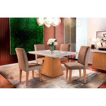 Imagem de Sala de Jantar Completa Luna Tampo Madeirado c/ Vidro Canto Reto 120x80cm e 4 Cadeiras Grécia Imbuia/Suede Capuccino - Rufato