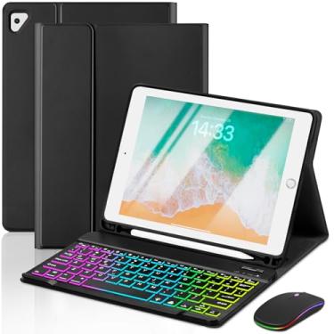 Imagem de EAMPANG Capa com teclado e mouse para iPad 6ª/5ª geração Air 1 2 Pro 24.6 cm, 7 cores, arco-íris, retroiluminação, destacável, USB-C teclado magnético com slot para caneta para iPad 2018 2017 preto +
