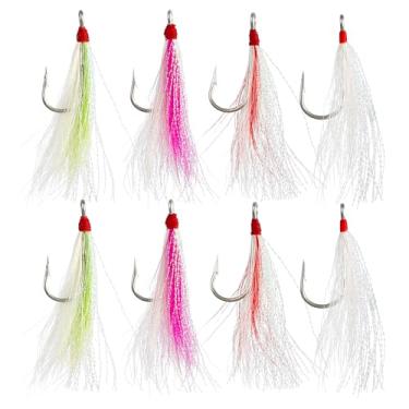 Imagem de Bucktail Teaser anzóis de pesca, 8 peças, iscas de água salgada, plataformas de linguado Bucktail Mylar Teasers com anzóis para linguado, salmão, truta, robalo, peixe-gato, bacalhau Hi/Lo Rig (mistura