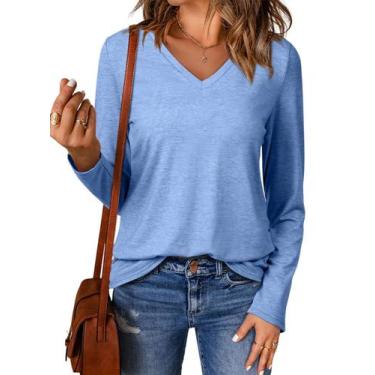 Imagem de Camisa feminina EVALESS com decote em V, manga comprida, folgada, azul