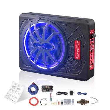 Imagem de Subwoofer de carro fino sob o assento de 25,4 cm 1200W com amplificador e luzes LED azuis, graves aprimorados e dissipação de calor superior, adequado para caminhão SUV Jeep MPV para condução