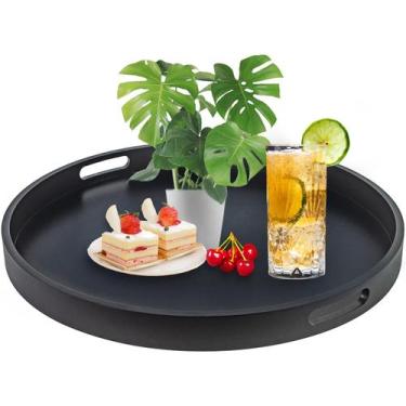 Imagem de Bandeja SINBDLAI Bandeja de servir redonda de madeira preta de 51 cm