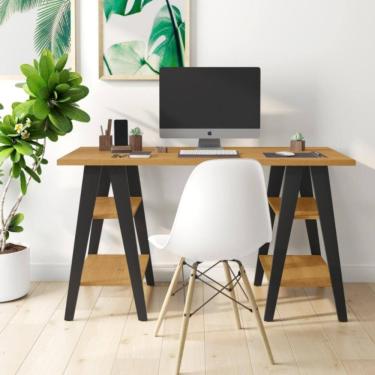 Imagem de Mesa Escrivaninha Trípoli 1,35x0,66 Tampo 30mm 4 Prateleiras Preto Pes Madeira