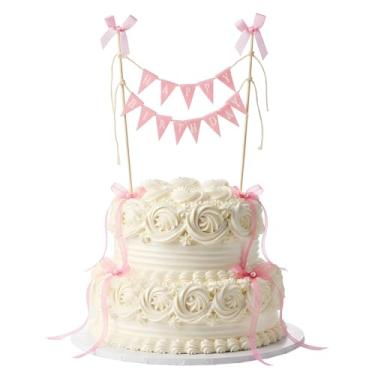 Imagem de Wanmu 11Pcs Bow Ribbon Cake Topper Happy Birthday Banner, Cute Cakes Bunting Toppers with Wood Pole Handmade Pennant Flags for Baby Shower Bridal Party Donut Cakes Cupcakes Decorations (Pink)