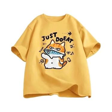 Imagem de Camiseta Feminina Engraçada Com Estampa De Gato Comendo Peixe, Gola Re