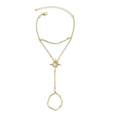 Imagem de Pulseira com pingente de strass de estrela delicada com anel de dedo para mulheres, moda, corrente de mão, fina, ajustável, não mancha, empilhável, presente de verão para ela, One Size, Cobre, Sem