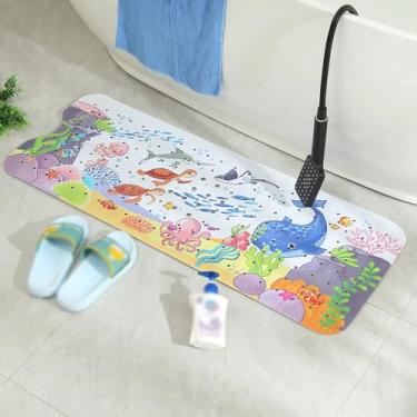 Imagem de Tapete de Banheira Longo para com Buracos Drenagem Design Mundo Submarino Cartoon Lavável à Máquina PVC Confortável Bebês e Idosos