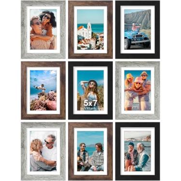 Imagem de Vittanly Conjunto de 9 porta-retratos 12 x 17 cm, exiba imagens 10 x 15 cm sem tapete, molduras para parede ou mesa com acrílico, madeira projetada, preto, marrom e cinza
