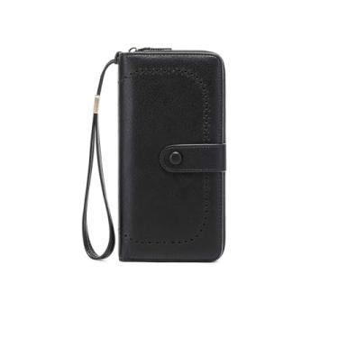 Imagem de Carteira feminina com bloqueio RFID, porta-cartões de crédito de couro, grande capacidade, carteira de pulso, bolsa de viagem, preta