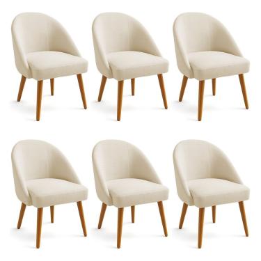 Imagem de Kit 06 Cadeiras Poltrona De Jantar Estofada Luna Boucle Bege Pés Palito Castanho - Pallazio