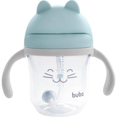 Imagem de Copo Infantil Buba Gatinho Azul 220ml Com Canudo Silicone e Dispositiv