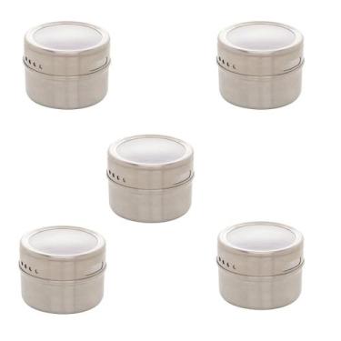 Imagem de Kit 5 Porta Tempero Aço Inox Imantado 6,5CM Tampa Acrílico - Lyor