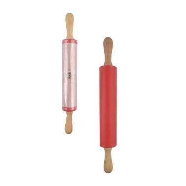 Imagem de Rolo Culinário de Silicone Vermelho para Massas com Cabo de Madeira - 