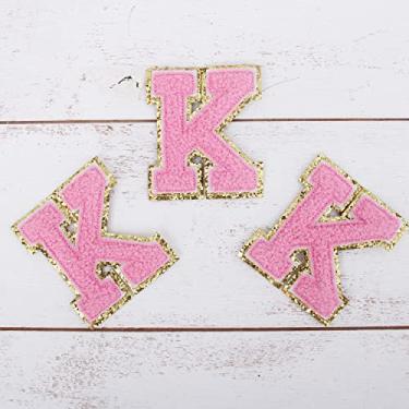 Imagem de Pacote com 3 adesivos de Chenille Iron On Glitter Varsity Letter 5 cm de altura "K" - Tecido de chenille rosa com acabamento em glitter dourado - Costurar ou passar a ferro - 5 cm PNK