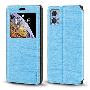 Imagem de Capa para Motorola Moto E22 4G, capa de couro de grão de madeira com suporte de cartão e janela, capa flip magnética para Motorola Moto E22i 4G (6,5 polegadas) azul celeste