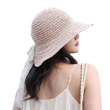 Imagem de heaven2017 Moda Palha Tecer Laço Viseira Larga Chapéu De Proteção Solar Praia Chapéu De Sol Para Mulheres Rosa