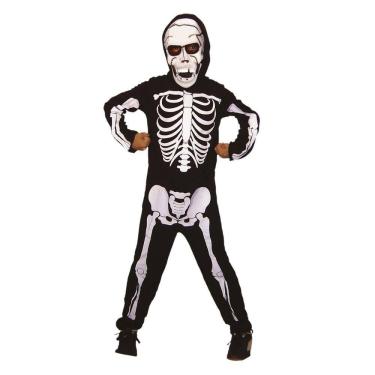 Imagem de Fantasia Esqueleto Caveira Ossos Macacão Longo Infantil e Máscara Látex Festa Halloween Noite do Terror Carnaval Cosplay