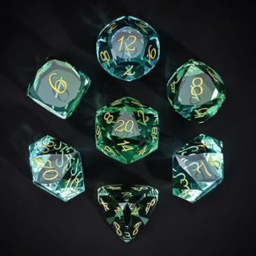 Imagem de UDIXI 7-Piece Glass Dice Set D&D, MultiFaceted Diamond-Cut Glass DND Dice for Dungeons and Dragons RPG Tabletop Games (Green and Blue)