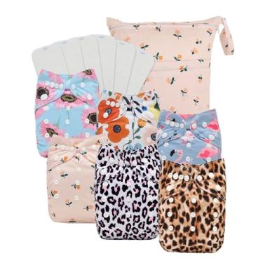 Imagem de Babygoal Pacote com 6 fraldas de pano para bebês com 6 inserções e bolsa úmida para fraldas ajustadas e pré-dobradas, capas ajustáveis e reutilizáveis para meninos e meninas