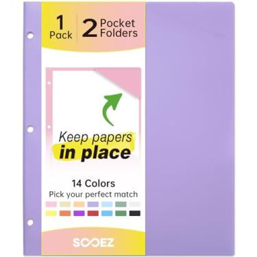 Imagem de Sooez Pastas de 2 bolsos, pastas de plástico com bolsos perfurados com 3 furos, 1 pacote de pastas para fichário de 3 anéis com etiquetas, pasta de fichário resistente para documentos, pasta de