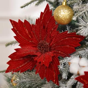 Imagem de WishTip 6 peças de flores artificiais de Natal de poinsétia com glitter grande de 30,5 cm com hastes e enfeites de guirlanda de árvore de Natal, Ano Novo, decoração de festa de casamento em casa