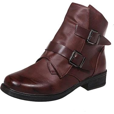 Imagem de Botas de cano curto femininas retrô com zíper lateral e salto baixo com fivela e tiras de combate botas de couro com bico redondo, Vermelho, 41 BR