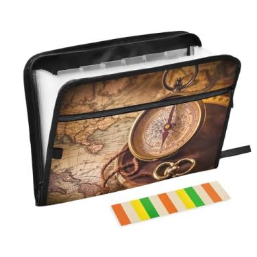 Imagem de Wassud Mapa de bússola antiga com 13 bolsos, organizador de arquivos sanfonados, pastas expansíveis com abas e adesivos, organizador de pastas de documentos de recibo de papel tamanho carta A4 para