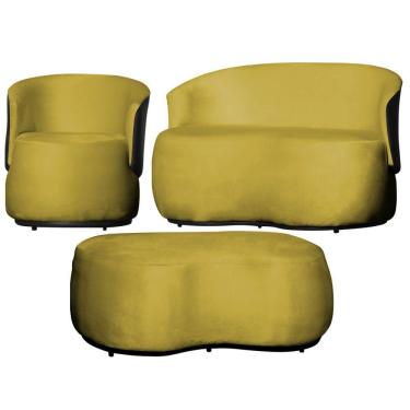 Imagem de Kit 1 Poltrona 1 Namoradeira e 1 Puff Grande Orgânico Beatriz Veludo Composê Corino Preto - Estopar