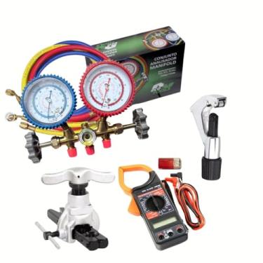 Imagem de Kit Ferramentas Com Manifold R22/134/404/407 Com Visor Alicate Amperímetro Flangeador Excêntrico Cortador de Tubos 1/8 A 1.1/8
