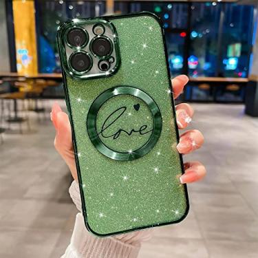 Imagem de MGQILING Capa magnética galvanizada com glitter para iPhone 15 Pro de 6,1 polegadas [carregamento sem fio] capa brilhante à prova de choque com antiamarelamento, estampa de coração de letra de amor