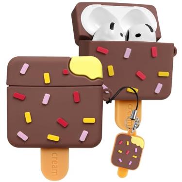 Imagem de Boaretiu Capa para Airpods 4ª – Sorvete Kawaii fofo marrom com chaveiro para AirPods 4ª geração (2024) Capa divertida de silicone macio 3D divertida para meninas, mulheres adolescentes para Air Pods 4