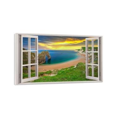 Imagem de MUHJDYC Imagem de janela falsa - impressões de arte de parede da natureza-mar praia linda pintura paisagem pôsteres de janela falsa para escritório sala de estar pronto para pendurar tela embrulhada