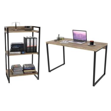 Imagem de Conjunto Escritório Estilo Industrial Mesa 120cm E Estante 60cm 3 Prateleiras Prisma C08 Carvalho