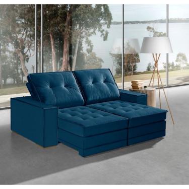 Imagem de Sofá 5 Lugares 250cm Retrátil e Reclinável Com Molas Veludo Azul