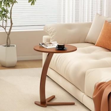Imagem de Mesa lateral redonda de madeira: mesa de cabeceira moderna em forma de C de 38 cm com madeira maciça natural, pequena mesa de cabeceira para sala de estar, quarto, casa de fazenda, espaços pequenos