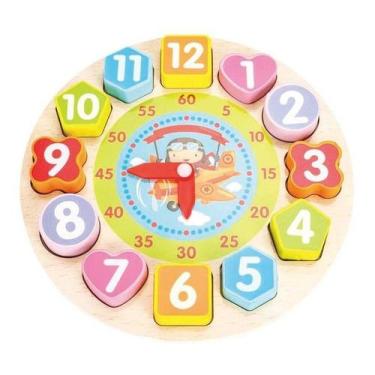 Imagem de Brinquedo Relógio Educativo Didático Formas Números Madeira - Dm Toys,