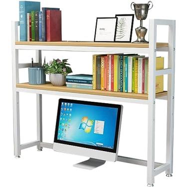 Imagem de Estante de mesa ajustável de 2 camadas, organizador de mesa, prateleira de armazenamento de madeira e metal, estante de computador prateleira de mesa independente