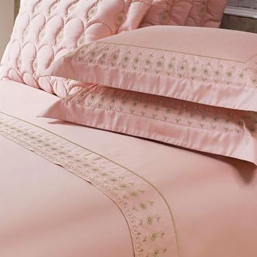Imagem de Jogo Cama Lençol Garland Queen Bordado 100% Algodão Acetinado 400 Fios 4 Peças - Rosê E Fendi